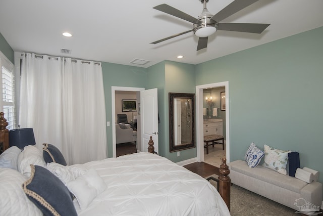 bedroom featuring a ceiling fan, recessed lighting, visible vents, and connected bathroom