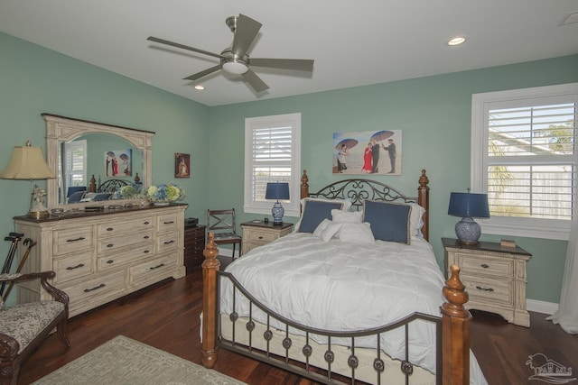 bedroom with ceiling fan, dark wood-type flooring, and recessed lighting