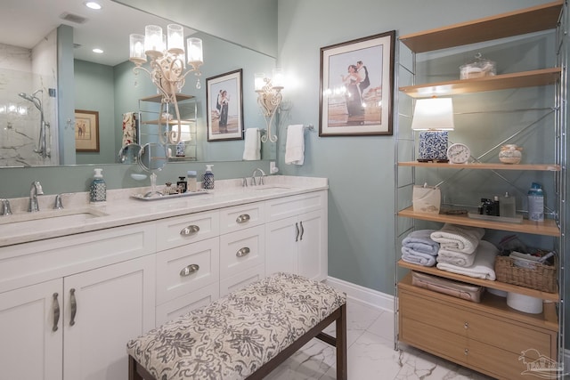 full bathroom with marble finish floor, double vanity, a sink, and visible vents