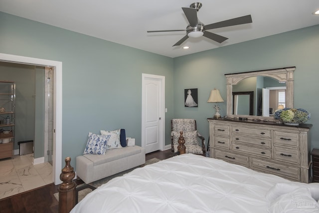 bedroom featuring marble finish floor, baseboards, a ceiling fan, and recessed lighting