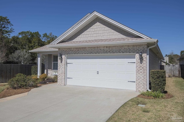 ranch-style house with driveway, brick siding, an attached garage, and fence