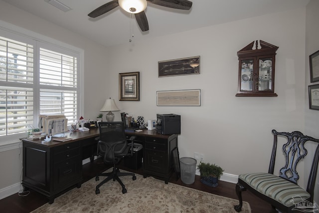 home office featuring baseboards, visible vents, a ceiling fan, and wood finished floors