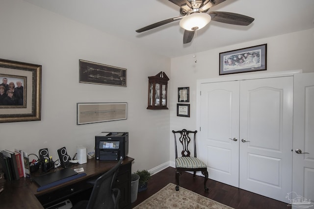 home office featuring ceiling fan, baseboards, and dark wood finished floors