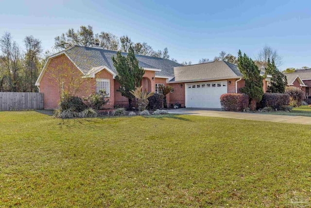 9348 Bell Ridge Dr, Pensacola, FL 32526 - ranch-style home with fence, a front lawn, brick siding, a garage, and driveway