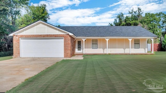 single story home with a front yard, a porch, and a garage