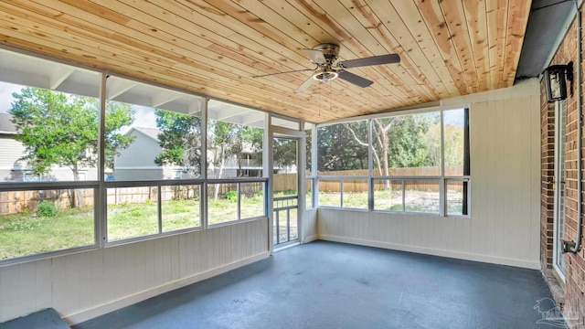 unfurnished sunroom featuring plenty of natural light, wooden ceiling, and ceiling fan