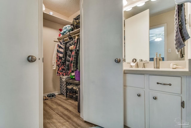 bathroom featuring vanity, hardwood / wood-style flooring, and a textured ceiling