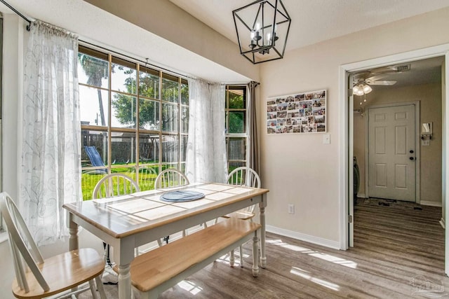 dining room featuring ceiling fan with notable chandelier, light wood-type flooring, and a wealth of natural light