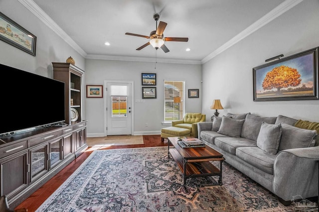 3209 Mountain Laurel Trl, Cantonment, FL 32533 - living room featuring ceiling fan, recessed lighting, wood finished floors, crown molding, and baseboards