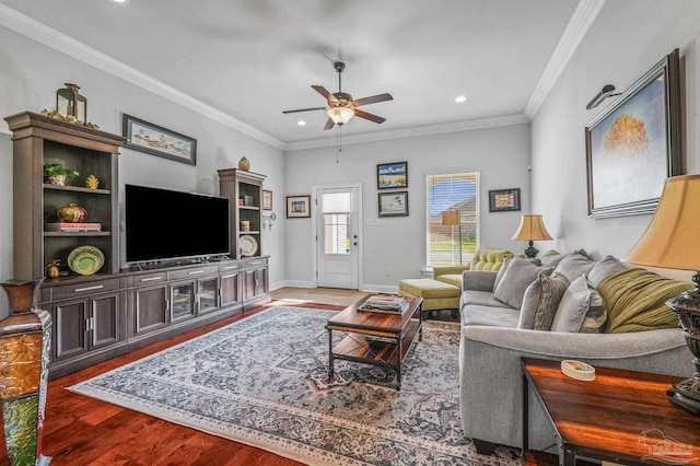 3209 Mountain Laurel Trl, Cantonment, FL 32533 - living area with wood finished floors, ceiling fan, baseboards, recessed lighting, and crown molding