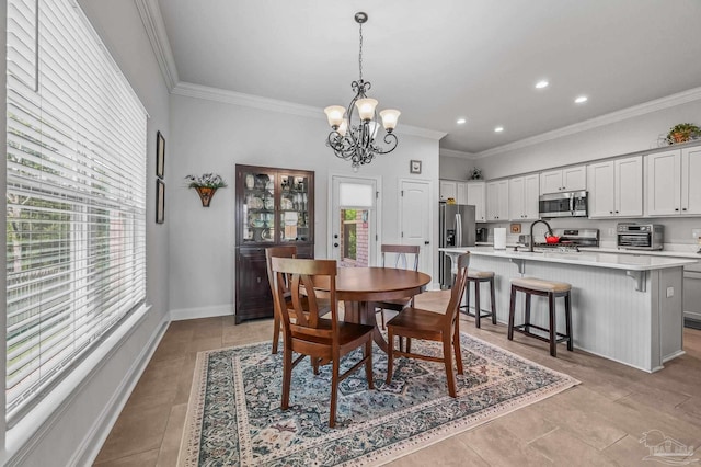 3209 Mountain Laurel Trl, Cantonment, FL 32533 - dining space featuring a chandelier, ornamental molding, recessed lighting, and baseboards