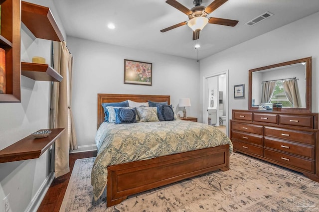 3209 Mountain Laurel Trl, Cantonment, FL 32533 - bedroom featuring wood finished floors, connected bathroom, baseboards, recessed lighting, and a ceiling fan