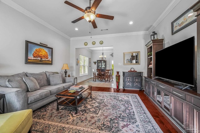 3209 Mountain Laurel Trl, Cantonment, FL 32533 - living area with ceiling fan, dark wood-type flooring, crown molding, recessed lighting, and a chandelier