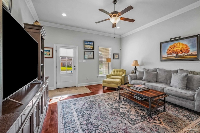 3209 Mountain Laurel Trl, Cantonment, FL 32533 - living room featuring a ceiling fan, recessed lighting, wood finished floors, ornamental molding, and baseboards