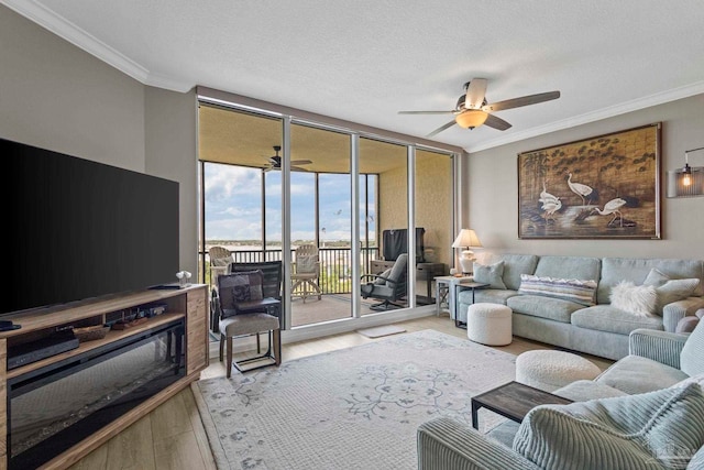 616 Lost Key Dr Unit 902A, Perdido Key, FL 32507 - living area featuring ceiling fan, wood finished floors, crown molding, and a textured ceiling