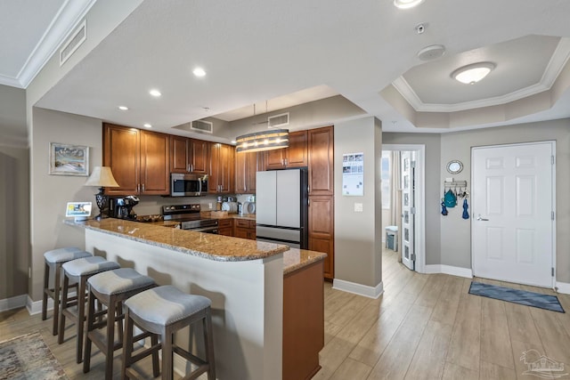 616 Lost Key Dr Unit 902A, Perdido Key, FL 32507 - kitchen featuring stainless steel appliances, a raised ceiling, a peninsula, baseboards, and light stone counters
