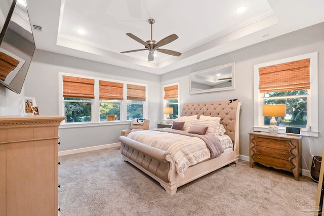 bedroom featuring a raised ceiling, multiple windows, and ceiling fan