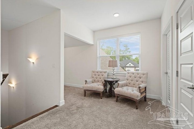 sitting room with light colored carpet