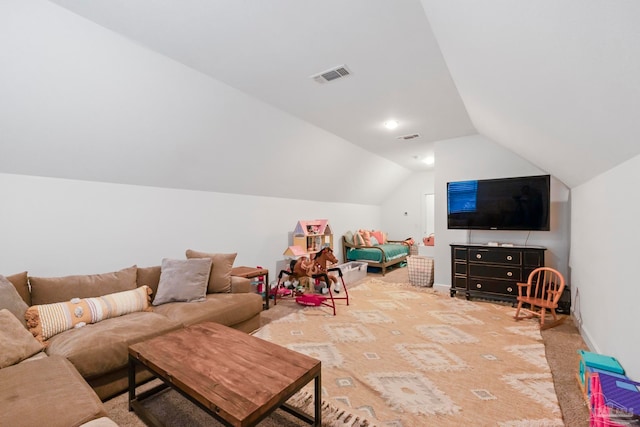 game room featuring carpet and vaulted ceiling