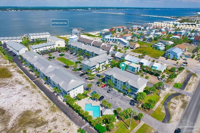 bird's eye view with a water view