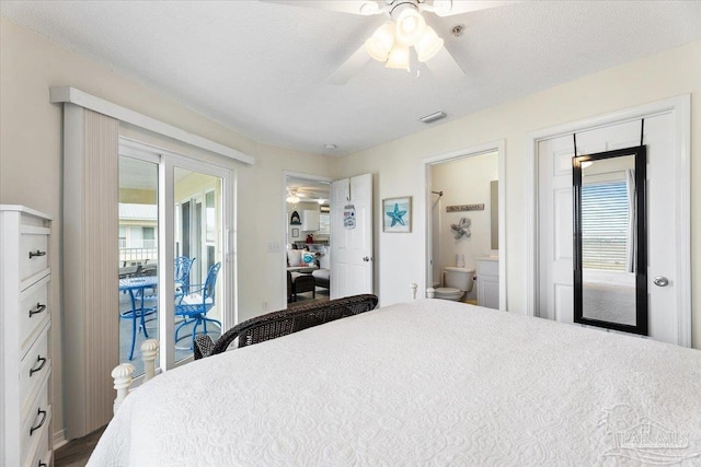 bedroom featuring connected bathroom, a textured ceiling, ceiling fan, and access to exterior