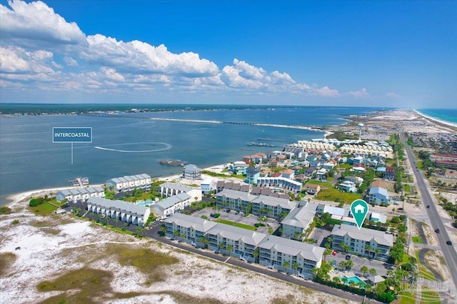 bird's eye view with a water view