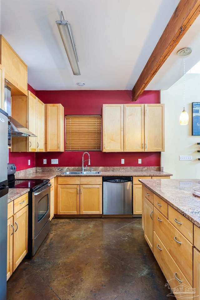 kitchen featuring light stone countertops, appliances with stainless steel finishes, sink, pendant lighting, and beam ceiling