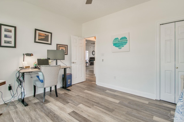 office space featuring light hardwood / wood-style flooring and ceiling fan