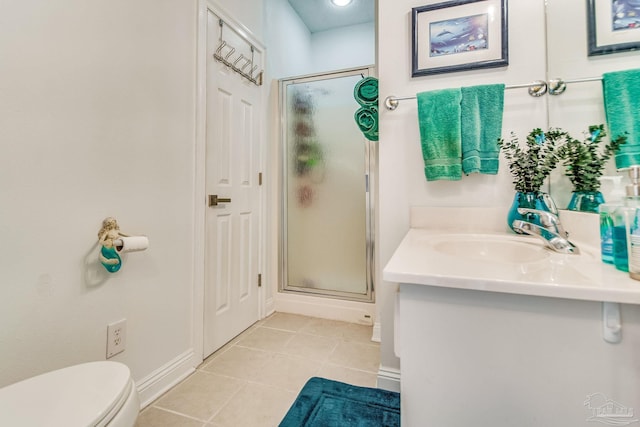 bathroom featuring toilet, a shower stall, vanity, and tile patterned floors