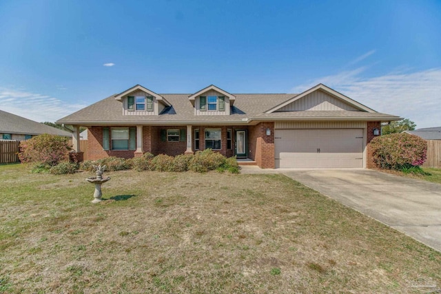 view of front facade featuring driveway, brick siding, an attached garage, and fence