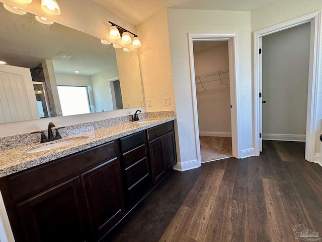 bathroom featuring wood-type flooring and dual bowl vanity