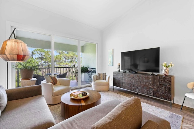 living room with lofted ceiling, a healthy amount of sunlight, and wood-type flooring