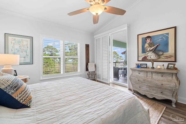 bedroom with ceiling fan, hardwood / wood-style floors, ornamental molding, vaulted ceiling, and access to exterior