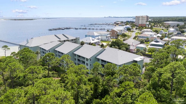 drone / aerial view with a water view