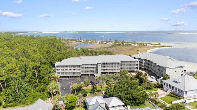 bird's eye view with a water view