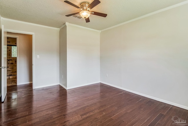 unfurnished room featuring dark wood-type flooring, ceiling fan, ornamental molding, and a textured ceiling