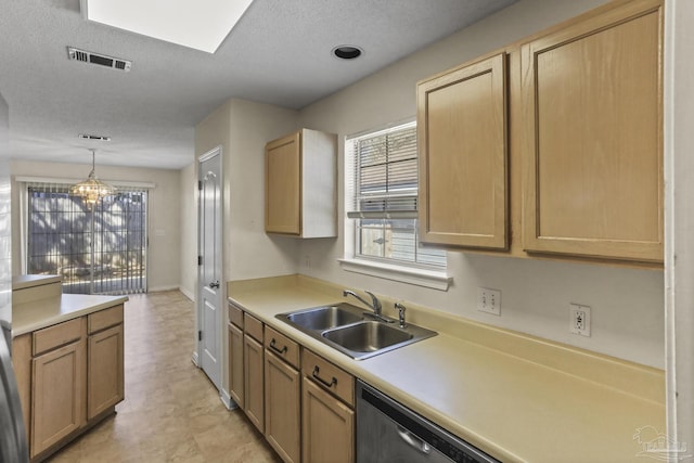 kitchen with a healthy amount of sunlight, sink, dishwasher, and decorative light fixtures