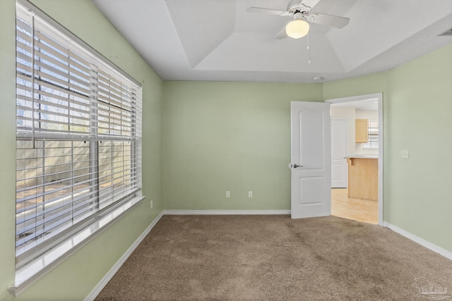 unfurnished room with carpet, a tray ceiling, and ceiling fan