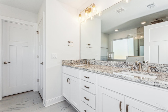 6575 Gentle Rain Dr, Milton, FL 32570 - bathroom featuring marble look tile flooring, double vanity, baseboards, and a shower