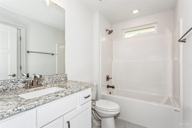 6575 Gentle Rain Dr, Milton, FL 32570 - bathroom with vanity,  shower combination, toilet, and marble look tile flooring
