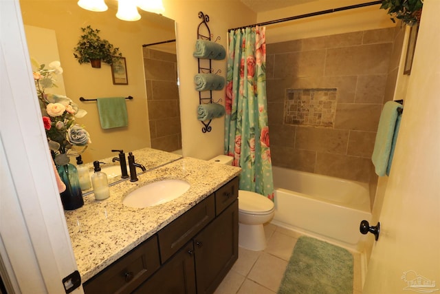 full bathroom with tile patterned floors, toilet, vanity, and shower / bathtub combination with curtain