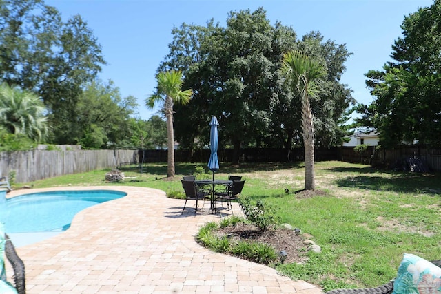 view of swimming pool featuring a lawn and a patio area