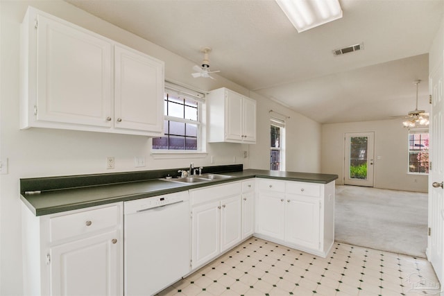 1537 Sandcliff Dr, Pensacola, FL 32507 - kitchen with white dishwasher, a ceiling fan, a sink, and dark countertops