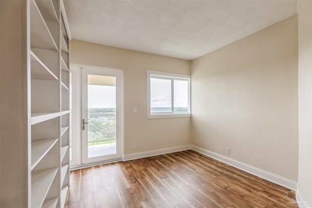 unfurnished room with a wealth of natural light, wood-type flooring, and a textured ceiling