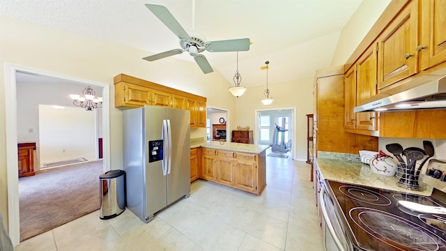 kitchen featuring vaulted ceiling, hanging light fixtures, baseboard heating, kitchen peninsula, and stainless steel appliances