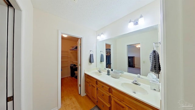 bathroom featuring vanity, wood-type flooring, and a textured ceiling