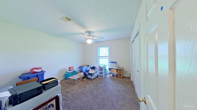 playroom featuring ceiling fan, carpet, and a textured ceiling