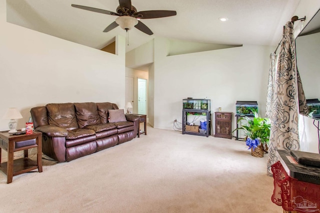 7909 Red Bean Dr, Pensacola, FL 32526 - living room with carpet, ceiling fan, vaulted ceiling, and recessed lighting