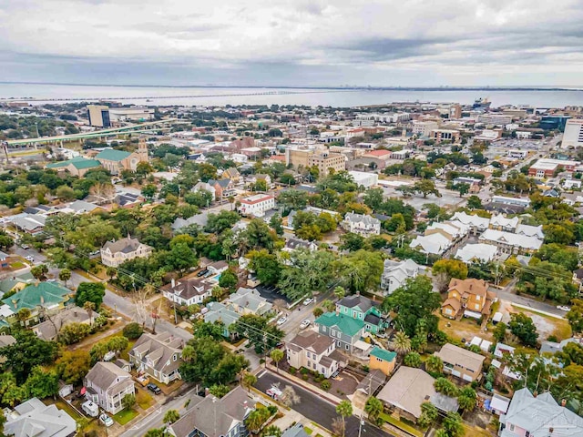 drone / aerial view with a water view