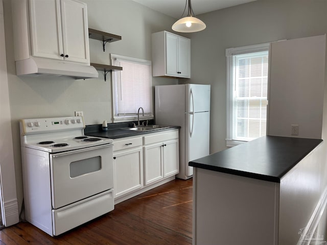 kitchen with sink, white cabinetry, kitchen peninsula, pendant lighting, and white appliances